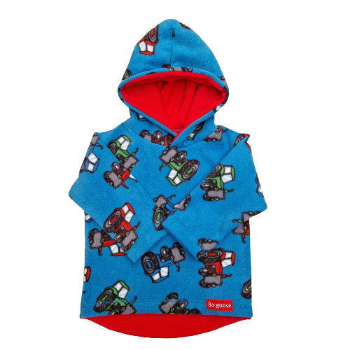 blue tractor fleece hoodie with red inner hood