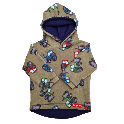 Kids fleece hoodie with green tractor print