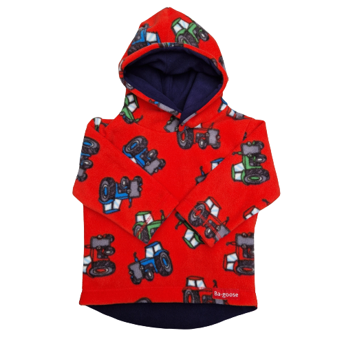 Bright red tractor fleece hoodie for kids made by Bagoose