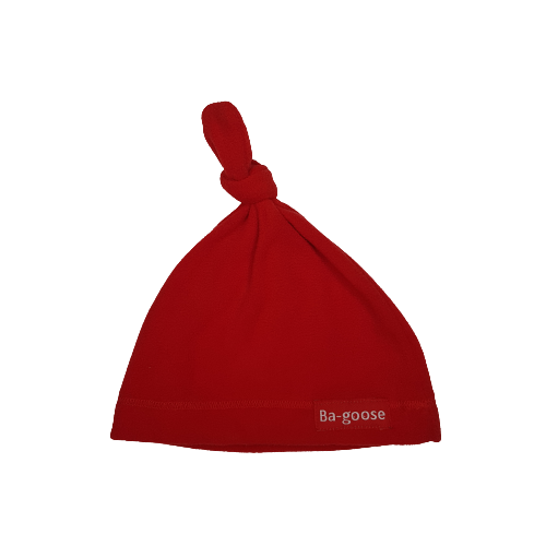 Red baby fleece hat with a knot design