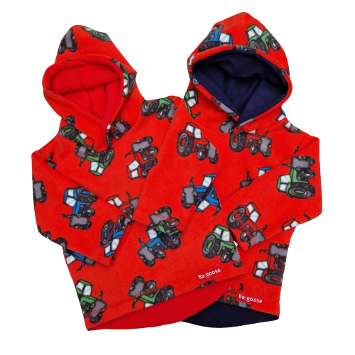 Bright red tractor fleece for kids with cosy inner hood